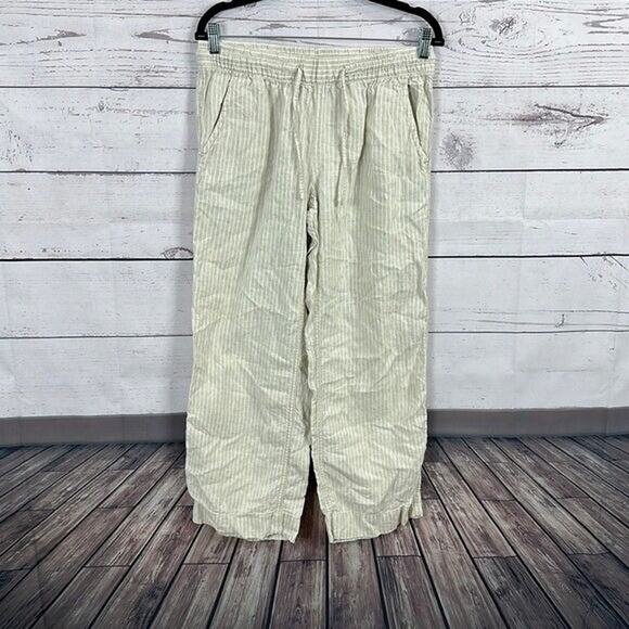 L.L. Bean Pants - L L Bean Pants Womens 10 Petite Linen Beige White Striped Linen Beach Vacation